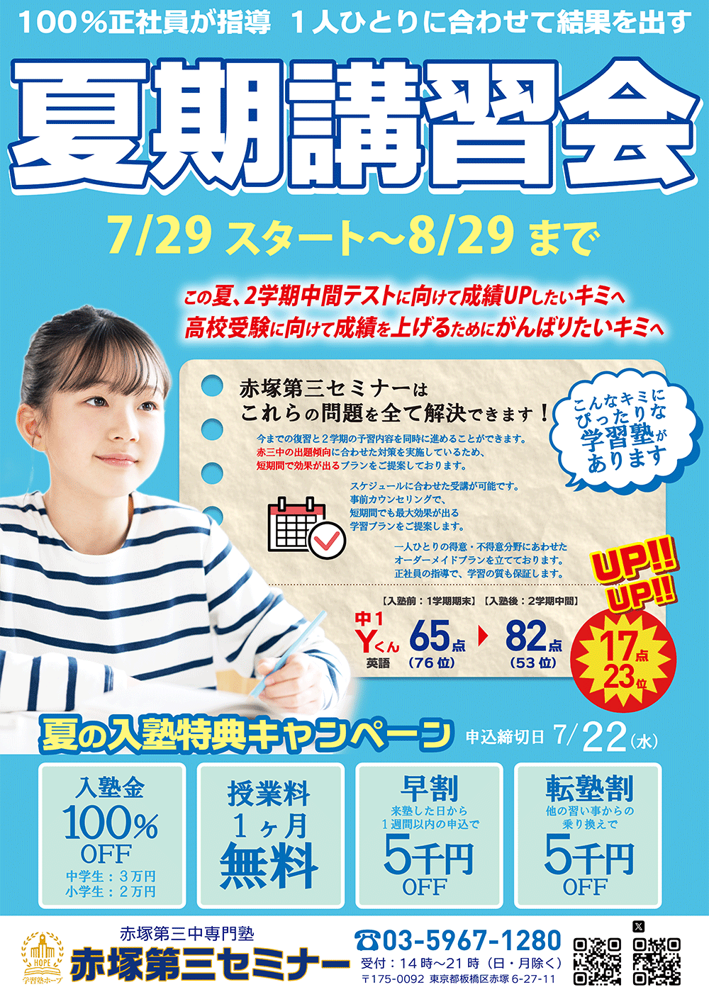 正社員指導の赤塚第三セミナーの夏期講習会だから、安心・成績向上・第一志望合格